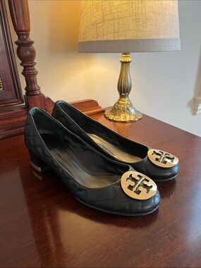 Tory Burch Black Quilted Low Block Heel Pumps with Gold Logo Medallion